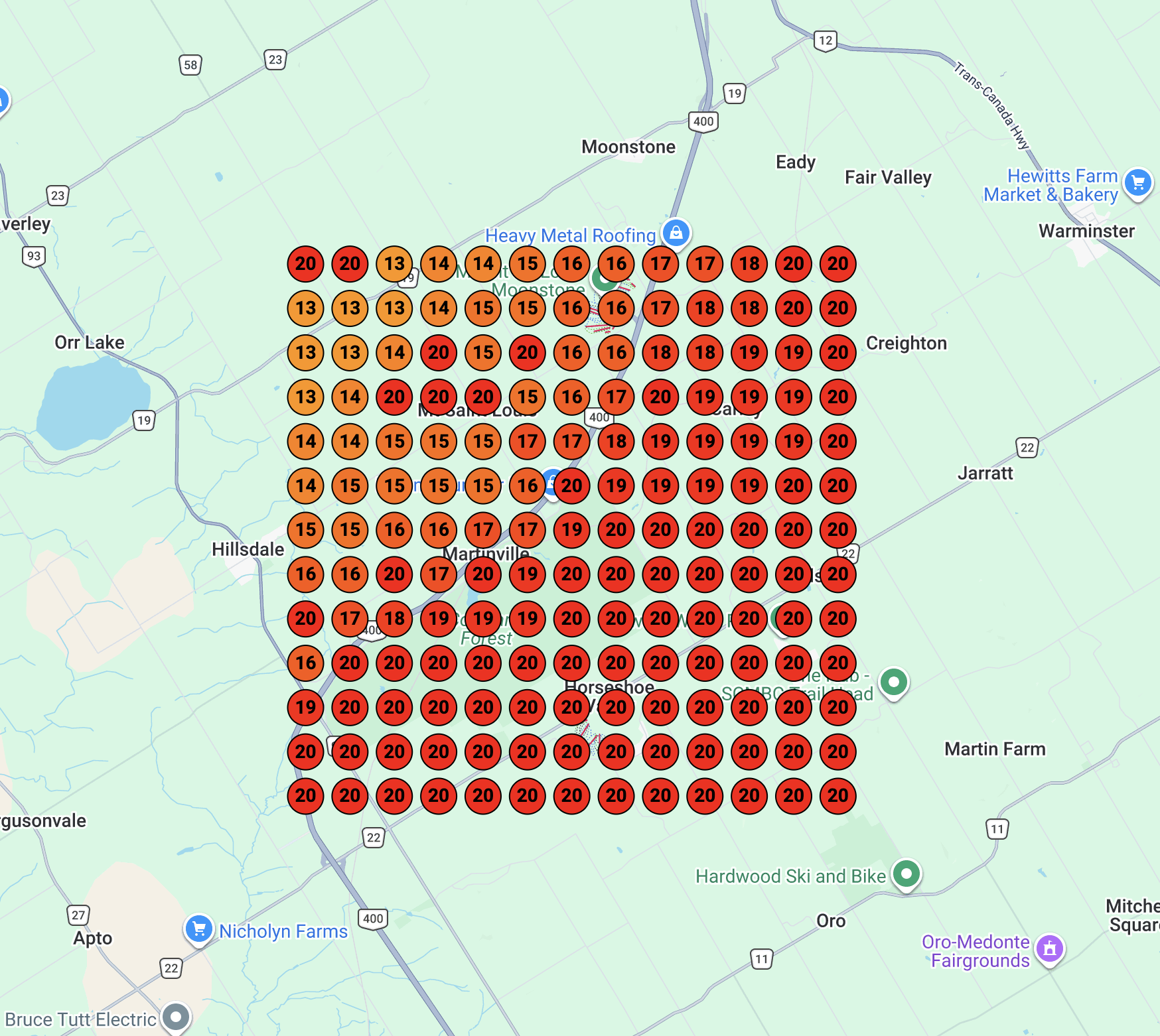 Before: Google Maps rankings showing positions outside top 3 across the area